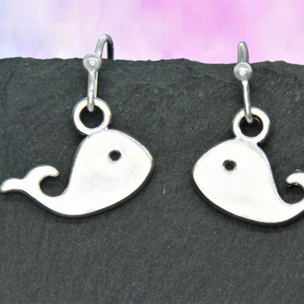 Simple Whale Dangle Earrings, Sea Life Jewelry Gifts, Custom Clip on or 925 Sterling Silver, Lever Back, Stainless Steel Stud Hypoallergenic