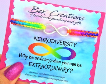 Neurodiversity Bracelet, Rainbow Infinity Autism ADHD Jewellery, Adjustable Macrame
