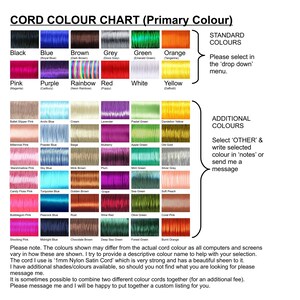 May include: A color chart displaying a variety of cord colors, including black, blue, brown, and pink. The chart is labeled "CORD COLOUR CHART (Primary Colour)" and includes a note about color variations. Additional colors are also available.
