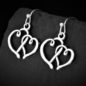 Joined Hearts Earrings, Two Linked Hearts Jewelry Gift, Clip on or 925 Sterling Silver  Lever Back, Stainless Stee Stud, Hypoallergenic Hook