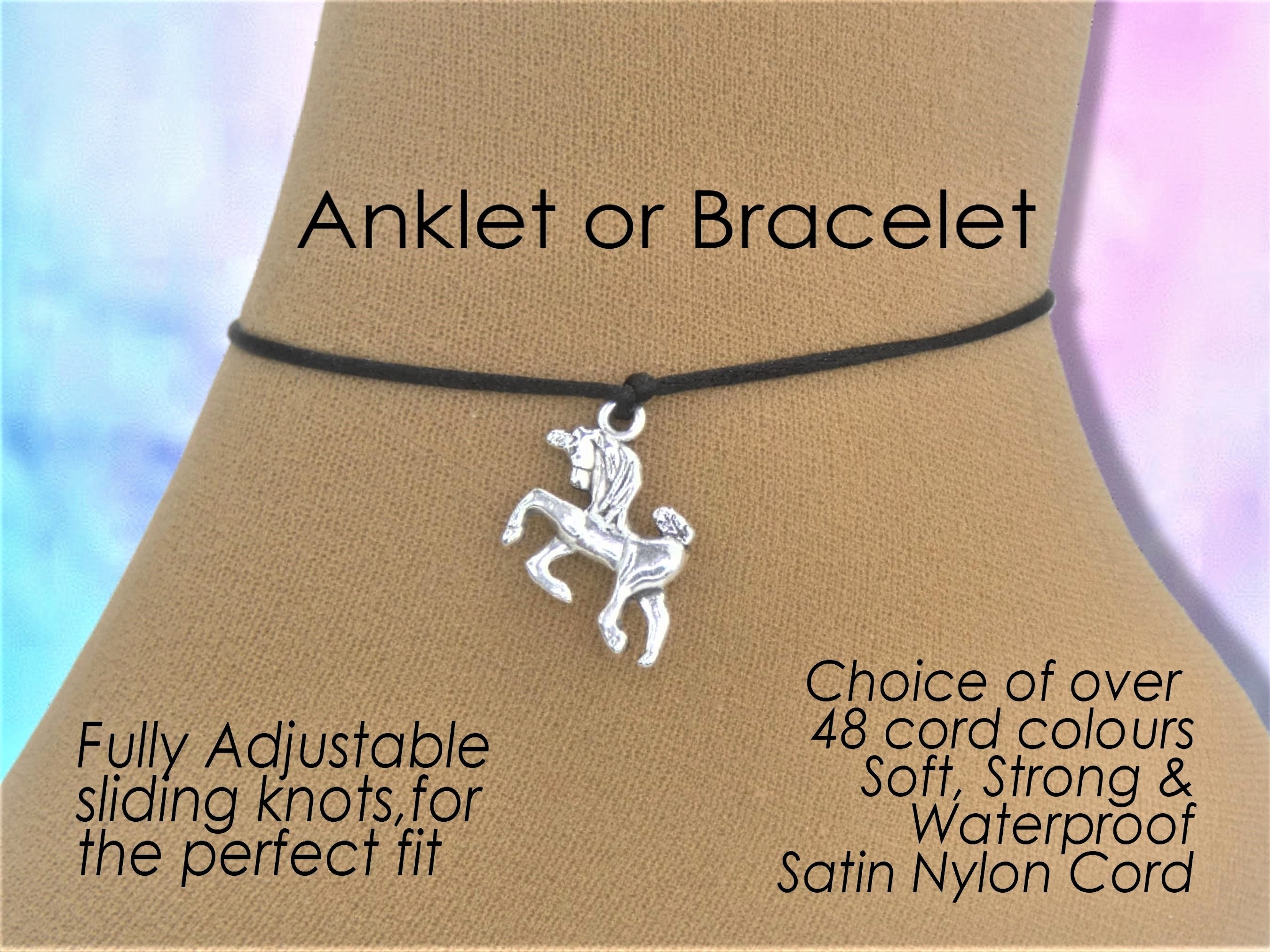Unicorn Anklet or Bracelet, Unisex Horse Jewelry Gift, Adjustable Cord Rope String, Wrist or Ankle, Customised Colour, Fantasy Magical