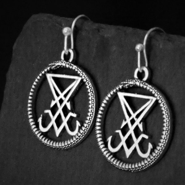 Lucifer Sigil in Ouroboros Earrings, Satanic Snake Jewelry Gifts, Clip on or Lever Back, 925 Sterling Silver, Hypoallergenic hook, Stud