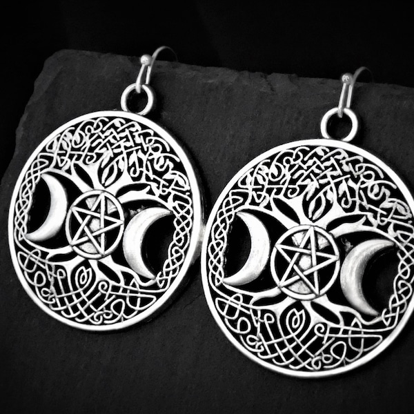 Large Triple Moon Tree Earrings, Moon & Pentagram Goddess Disc Jewelry Gift, Clip on or Lever Back, 925 Sterling Silver, Hypoallergenic