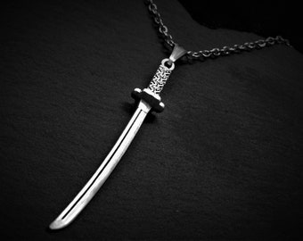 Unisex Katana Pendant Necklace on Cord or Chain, Samurai Sword Jewelry Gifts, Adjustable Choker or 16 18 20 22 24 30 inch Stainless Steel