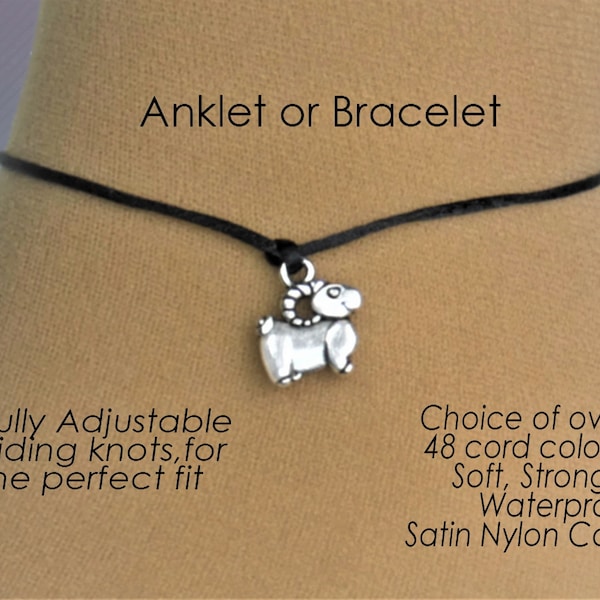 Goat Anklet or Bracelet, Capricorn Jewelry Gifts, Charm Adjustable Wish Wrist or Ankle Cord String Rope Customised Colour Handmade in UK