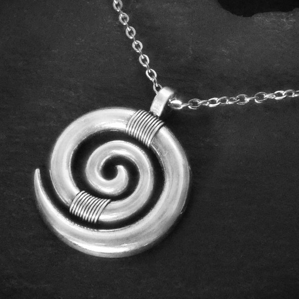 Large Spiral Pendant Necklace on Cord or Chain, Celtic Swirl Jewelry Gift, Adjustable Choker or 16 18 20 22 24 30 inch Stainless Steel