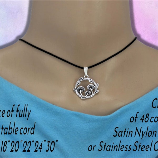 Unisex Mushroom Wreath Pendant Necklace on Cord or Chain, Fairycore Jewelry Gift Adjustable Choker or 16 18 20 22 24 30 inch Stainless Steel