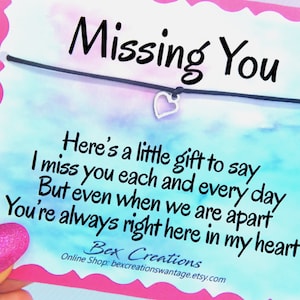 Missing You Gift Bracelet, Love Heart Jewelry Gift, Miss you Charm Bracelet, Original Poem, Cord Rope String, Customised Colour