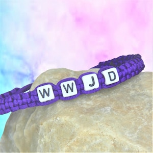 Pulsera personalizada con nombre, eslogan "WWJD", tallas para adultos y niños, unisex, ajustable, de macramé, color personalizado, anudada, cuerda.