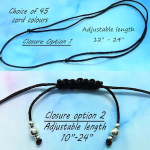 May include: Black cord necklace with adjustable length options. Features two closure styles, with adjustable lengths of 12 to 24 inches and 10 to 24 inches. The text indicates a choice of 45 cord colors.
