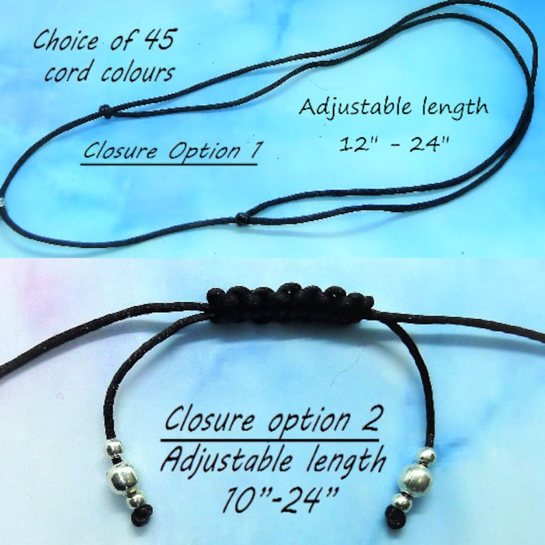 May include: Black cord necklace with adjustable length options. Features two closure styles, with adjustable lengths of 12 to 24 inches and 10 to 24 inches. The text indicates a choice of 45 cord colors.