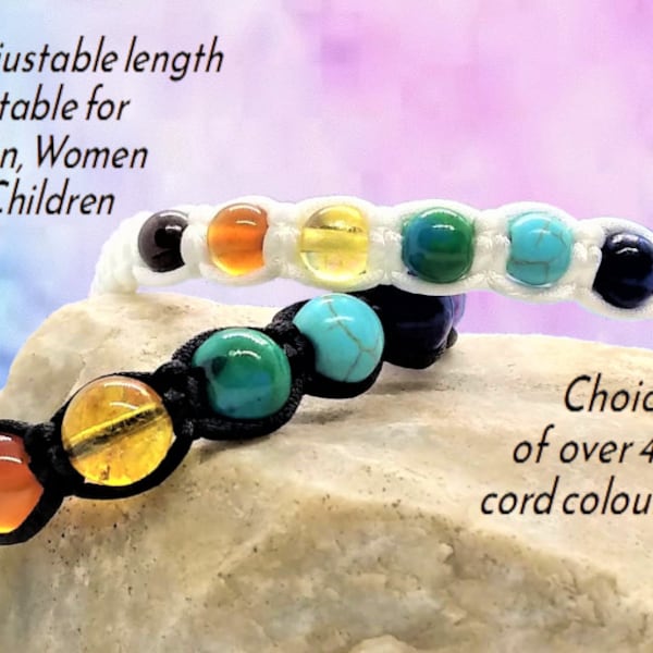 Chakra Bracelet, Seven Chakras Jewelry Gift, 7 Healing Crystal Macrame, Adjustable Length, Unisex, Custom Colours, Handmade in the UK