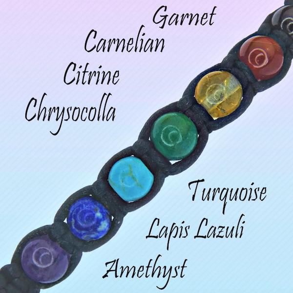 Bracelet chakra, bracelet macramé en cristal de guérison, pierres précieuses sept chakras, 7 chakras réglables, couleurs personnalisées, fait main au Royaume-Uni