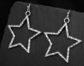 Extra Large Star earrings, Hammered Star Jewelry Gifts, Clip on or Lever Back Hoop, 925 Sterling Silver, Hypoallergenic, Hook, Stud