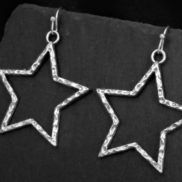 Extra Large Star earrings, Hammered Star Jewelry Gifts, Clip on or Lever Back Hoop, 925 Sterling Silver, Hypoallergenic, Hook, Stud