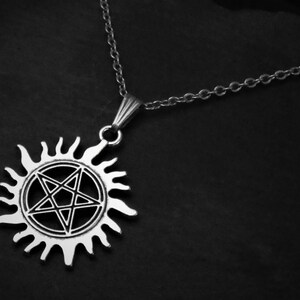 Pentagramma unisex in collana con ciondolo sole su corda o catena, regalo di gioielli per la protezione dei demoni, regolabile o in acciaio inossidabile 18 20 22 24 30 pollici immagine 9