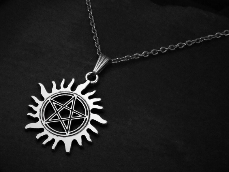 Pentagramma unisex in collana con ciondolo sole su corda o catena, regalo di gioielli per la protezione dei demoni, regolabile o in acciaio inossidabile 18 20 22 24 30 pollici immagine 9