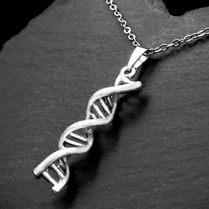 May include: A silver-toned metal pendant shaped like a double helix DNA strand, suspended from a matching thin silver-toned metal chain. The pendant features a detailed, twisted structure with horizontal rungs connecting the two vertical strands.