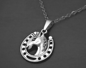 Horse Pendant Necklace on Cord or Chain, Lucky Unisex Horse Shoe Jewelry Gift, Adjustable Choker or 18 20 22 24  26 30 inch Stainless Steel