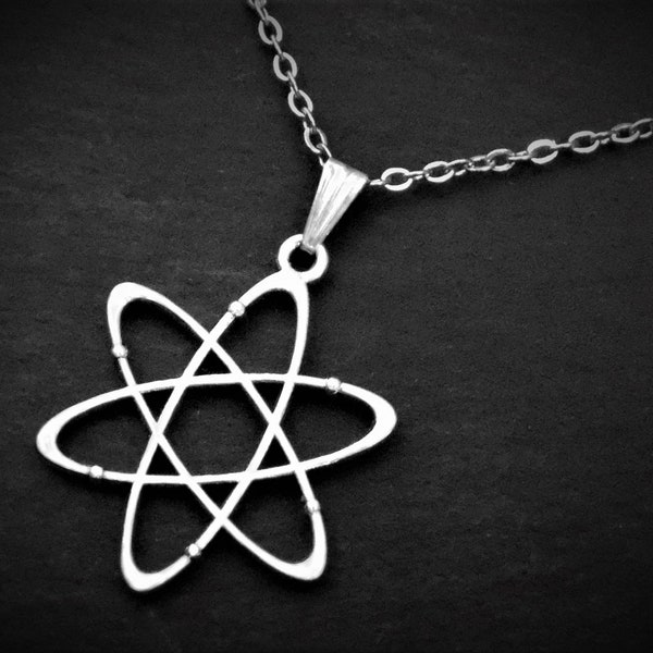 Unisex Atom Pendant Necklace on Cord or Chain, STEM Jewelry Gifts, Pendant Choker, Adjustable or 16 18 20 22 24 30 inch Stainless Steel