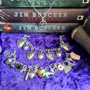 Dresden files, Charm Bracelet, shield bracelet, and pentagram pendant, inspired by The Dresden Files, Jim Butcher, handmade jewellery set