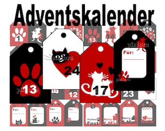 Zahlen Adventskalender, Adventskalenderzahlen Anhänger, Katzen, Tatze, digital, X-Mas, Weihnachten, Advent, Geschenkanhänger, DIY, Download