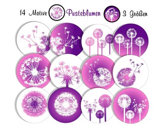 Cabochon templates, cabochon images to print out, dandelions, 14 motifs, 10 mm, 12 mm, 25 mm, pink purple, e.g. for cabochon jewelry