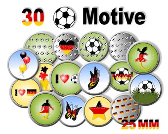 Cabochon-Vorlagen Fußball zum Ausdrucken, 25 mm, Deutschland, 30 Motive