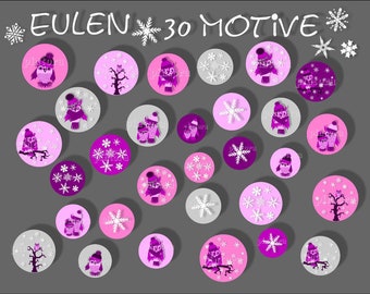 Cabochon-Vorlagen zum Ausdrucken, Eulen & Schneeflocken 25 mm, lila pink, 30 Motive