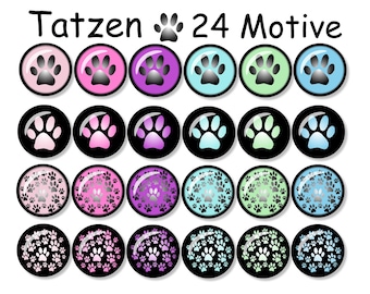 Digital cabochon templates, round, paws pastel black, 24 motifs, 12 & 25 mm, e.g. for cabochon jewelry