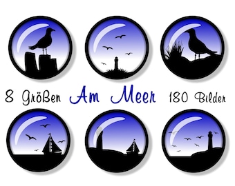 180 digital cabochon images, "By the Sea" 8 sizes, maritime motifs, round, silhouettes, paper cut, sailboat, lighthouse, seagull