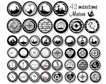 Cabochonbilder, 42 maritime Motive zum Ausdrucken, Aquarell, Sparset, 12 mm, Anker, Möwe, Leuchtturm, Muschel, Seestern, Robbe