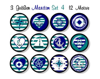 Cabochon templates digital 12 maritime motifs, set 4, anchor, steering wheel, compass, lifebuoy, sailing boat, 3 sizes, 10mm, 12mm, 25mm