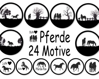 Cabochon Templates Horse Silhouettes 24 Printable Designs Diameter 30mm Horse Foal Pony Horse Fan