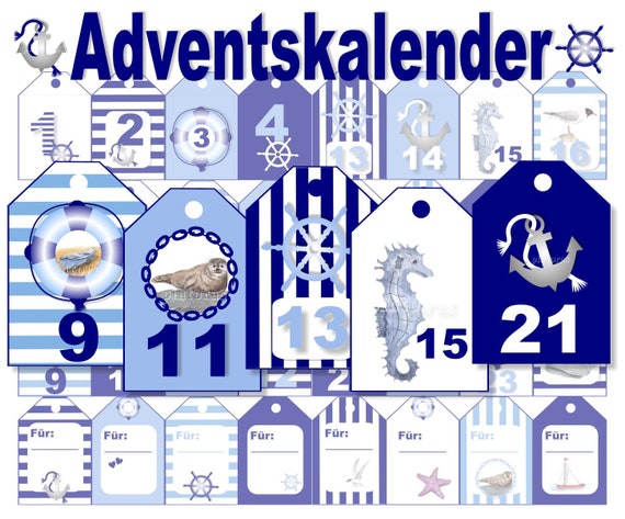 Advent Geschenkanh\u00e4nger digital Download X-Mas DIY Weihnachten Adventskalenderzahlen Anh\u00e4nger maritim Zahlen Adventskalender