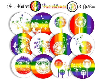 Cabochon Vorlagen zum Ausdrucken, Cabochonbilder Pusteblumen, Download, 14 Motive, 10 mm, 12 mm, 25 mm, Regenbogen, z.B. für Cabochonschmuck