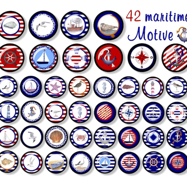 Cabochon templates maritime, 42 motifs, watercolour, savings set 12 mm, for printing, anchor, sailing boat, seagull, lighthouse, shell, starfish, seal