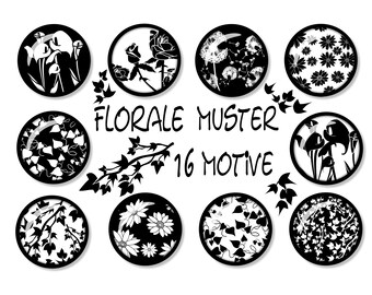 Cabochon-Vorlagen z. Ausdrucken, florale Muster schwarz-weiß, Rose, Calla, Efeu, 16 Motive, 12 & 25 mm