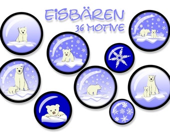 Cabochon-Vorlagen, Eisbären, Cabochonbilder zum Ausdrucken, 25 mm, Polarbär, 36 Motive, Winter, Weihnachten