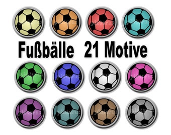 Colored soccer balls cabochon templates, 21 printable designs, 25 mm, soccer ball