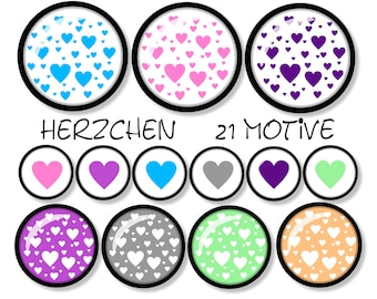 Cabochon-Vorlagen digital, Herzchen, pastellfarben, weiß, 21 Motive, rund, 12 & 25 mm Größe, Herz, Pink, Türkis