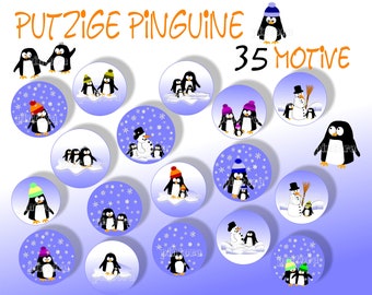 Cabochon-Vorlagen zum Ausdrucken, Pinguine, Cabochonbilder 12 mm, 35 Motive, Winter, Weihnachten