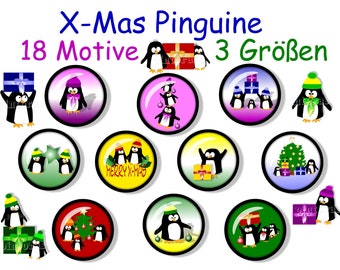 Cabochonvorlagen digital, X-Mas Pinguine, 18 Motive, 3 Größen, 25 mm, 12 mm, 10 mm, Weihnachten