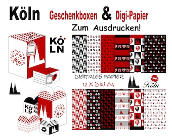 Geschenkboxen & Digi-Papier Köln zum Ausdrucken, Schachteln, DIY, Download, Geburtstag,Scrapbooking, Geschenkanhänger