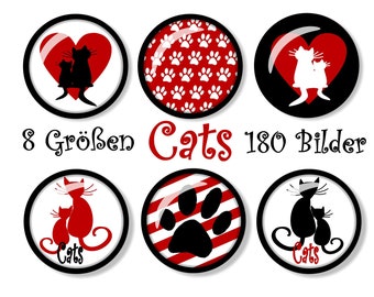 180 digital cabochon images, cats, 8 sizes, round, paw, cabochon templates cat, paw, e.g. for cabochon jewelry