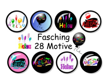 Cabochon Vorlagen, Fasching, Helau, 28 bunte Motive, Cabochonbilder rund, digital, 25 mm Größe, z.B. für Cabochon-Schmuck