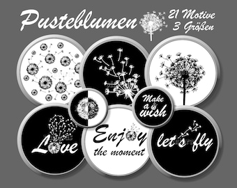 Cabochon templates dandelions with sayings, black and white, live, laugh, love, set C, 21 motifs 3 sizes 12 mm, 14 mm, 25 mm