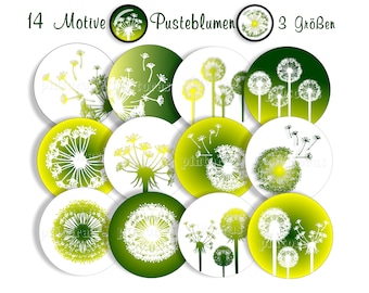 Cabochon templates dandelion, green yellow, download cabochon images z. Print out, 14 motifs, 10 mm, 12 mm, 25 mm, e.g. for cabochon jewellery