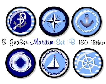 180 Cabochon-Bilder digital, 8 Größen, Set B, Maritime Motive, rund, Anker, Kompass, Steuerrad, Rettungsring, Segelboot