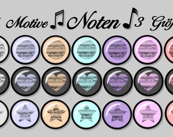 Cabochon-Vorlagen digital Noten, 21 Motive, Vintage 3 Größen 10 mm, 12 mm, 25 mm, Musik, Pastellfarben, Herz, Stern